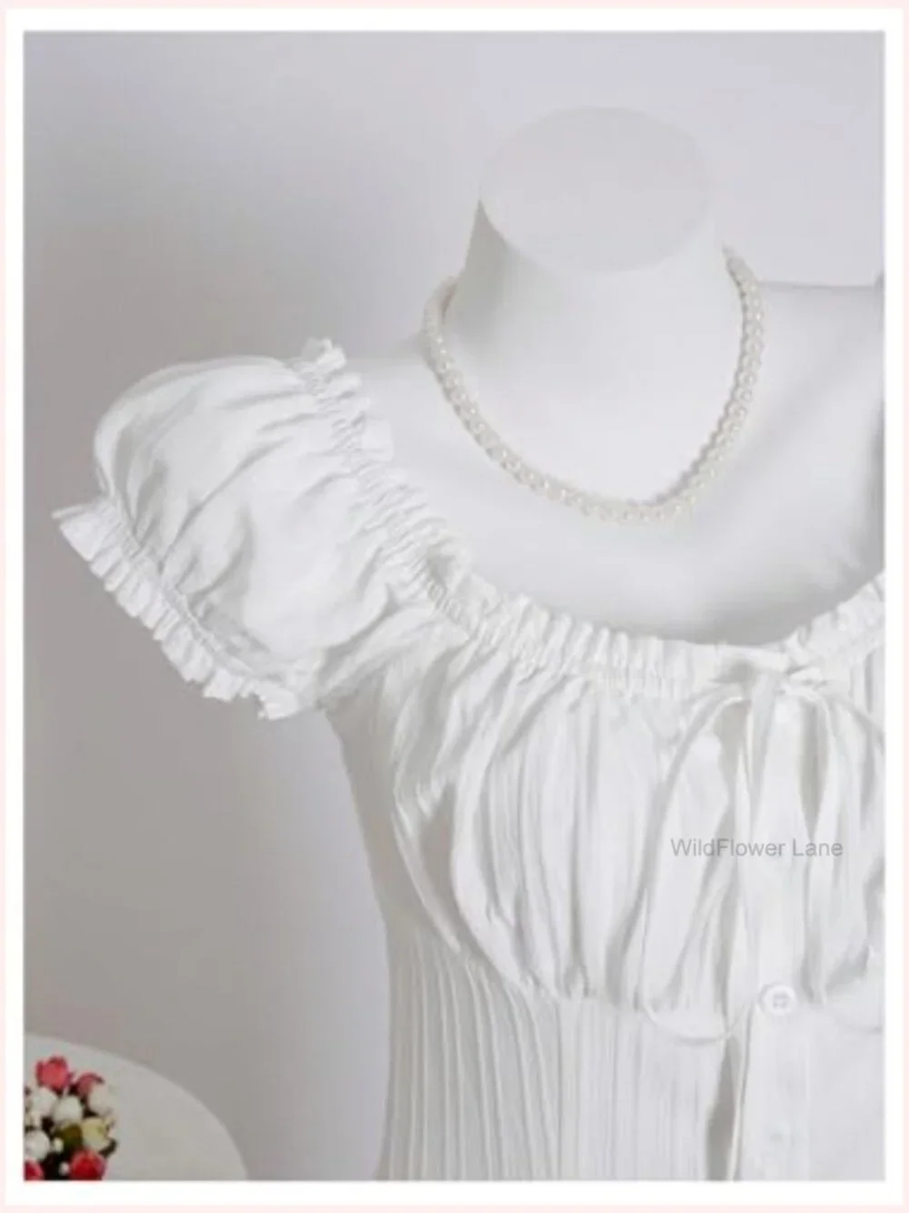 Frill Trim Button Down Shirt Puff Sleeve Tie Front Blouse - Picture 3 of 5